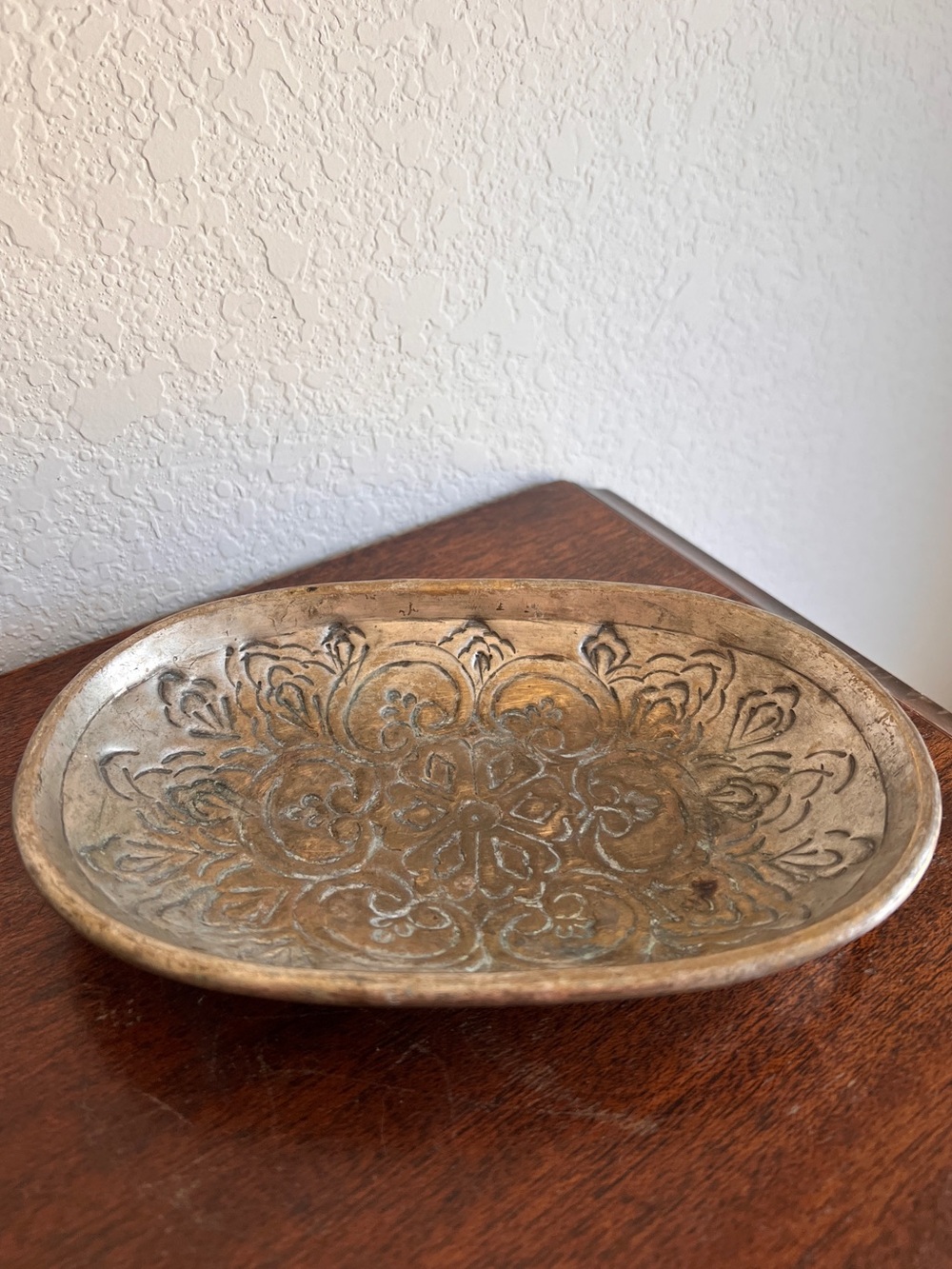 Vintage Brass Tray Embossed Silver-Washed Antique Finish Trinket Ring Dish - Picture 1 of 6
